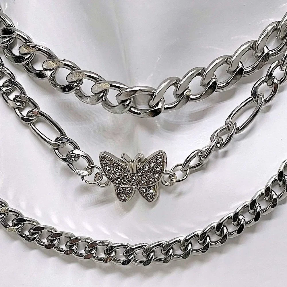 3 Piece Set - Butterfly 🦋 on Silver l Rhinestone adorned l 3 chain Set l New